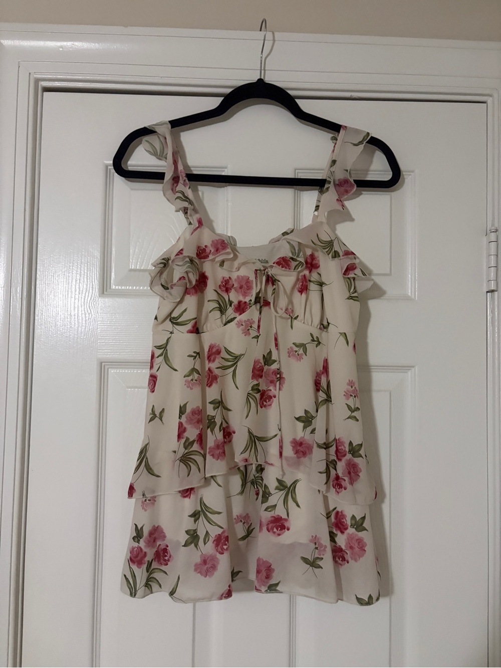 Floral Ruffle Tiered Blouse - Cream with Pink Roses